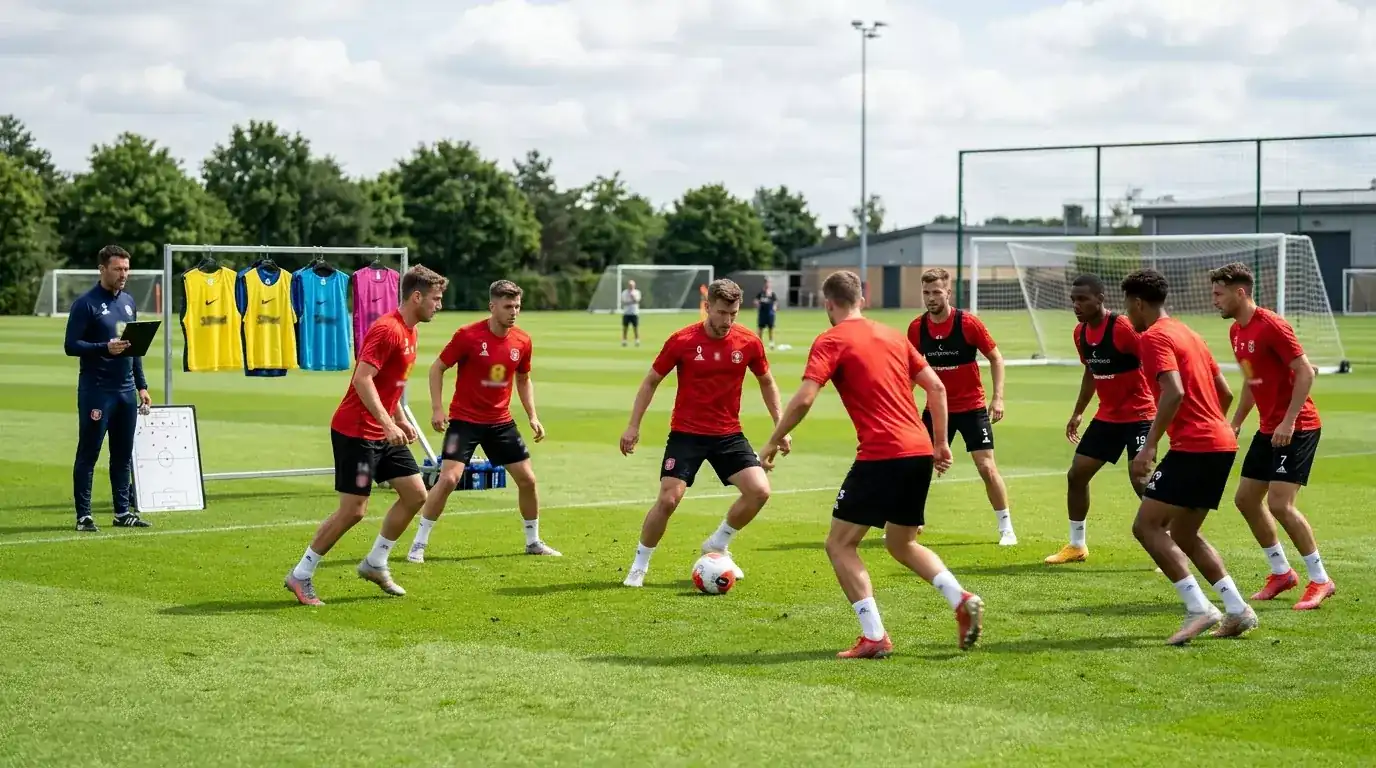 Joueurs de l'équipe de Belgique en maillot rouge lors d'un entraînement collectif sur un terrain de football