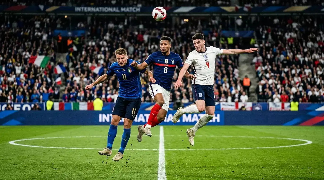 Joueurs de football en maillots nationaux s'échauffant sur une pelouse de stade avant un match international