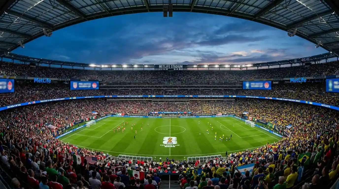 Vue panoramique d'un stade moderne rempli de supporters lors d'un match de la Coupe du Monde 2026