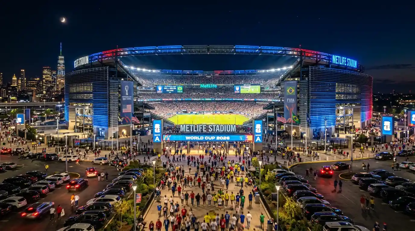 Stade de football illuminé la nuit en Amérique du Nord avec projecteurs allumés et pelouse verte