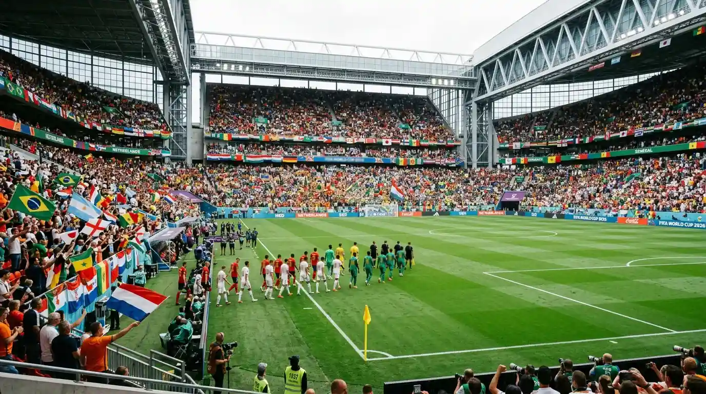 Terrain de football vu depuis les tribunes avec drapeaux de différentes nations accrochés autour du stade