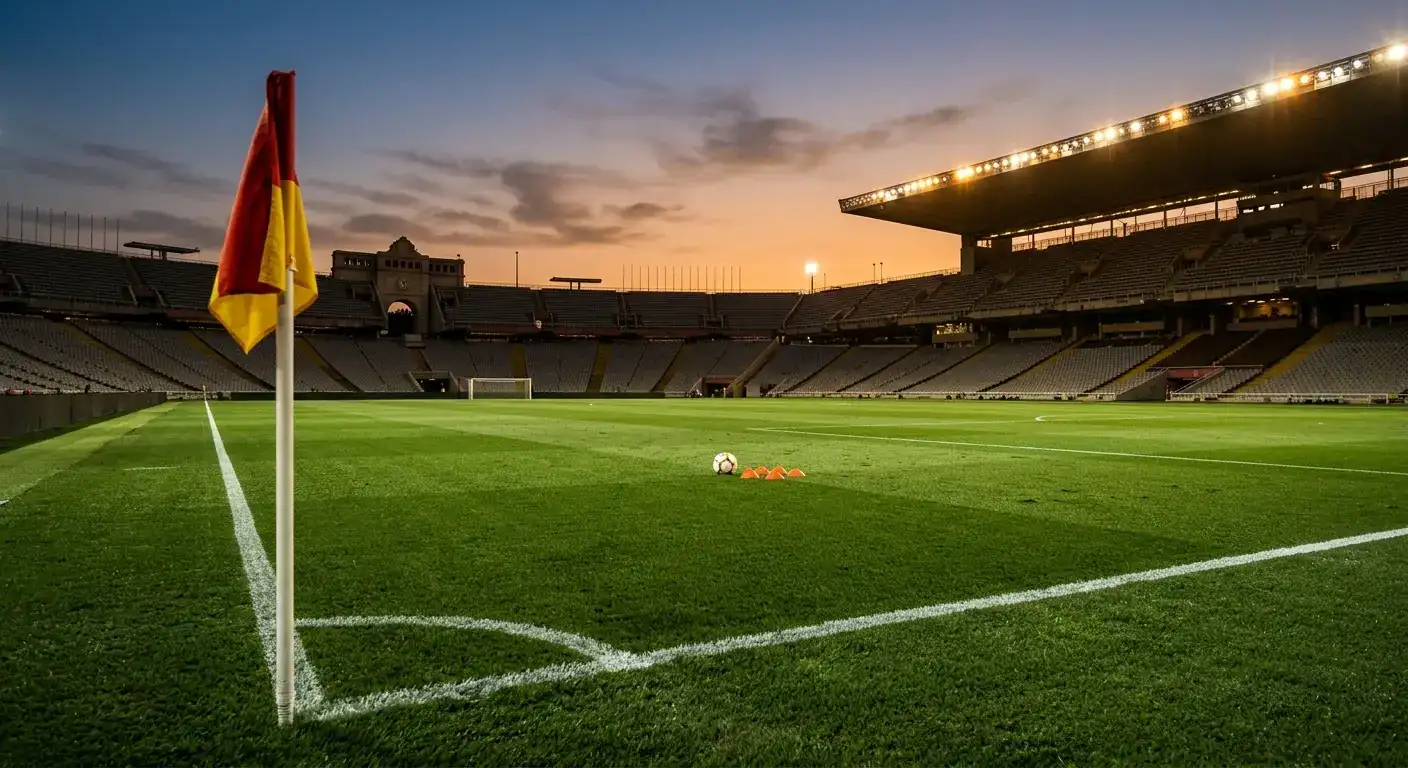 Pelouse d'un stade au crépuscule avec projecteurs qui s'allument